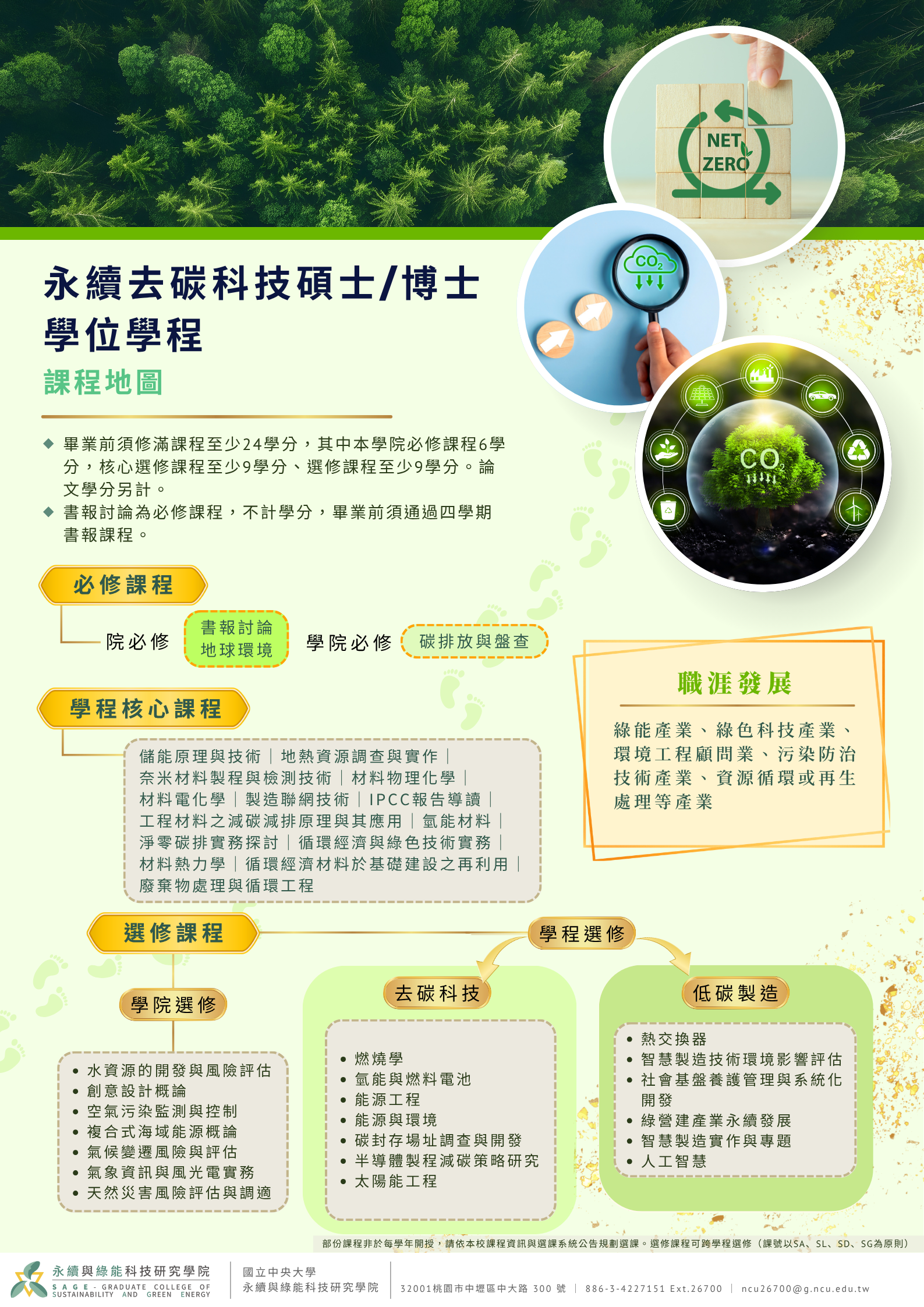 永續去探科技碩士/博士學位學程課程地圖:1. 畢業前須修滿課程至少24學分,其中本學院必修課程6學分,核心選修課程至少9學分、選修課程至少9學分。論文學分另計。2. 書報討論為必修課程,不計學分,畢業前須通過四學期書報課程。必修課程有院必修(包含書報討論、地球環境)及學院必修(碳排放與盤查)。
學程核心課程有:
儲能原理與技術、地熱資源調查與實作、奈米材料製程與檢測技術、材料物理化學、材料電化學、製造聯網技術、IPCC報告導讀、工程材料之減碳減排原理與其應用、氫能材料、淨零碳排實務探討、循環經濟與綠色技術實務、材料熱力學、循環經濟材料於基礎建設之再利用、廢棄物處理與循環工程。
選修課程分為學院選修及學程選修。
學院選修有:水資源的開發與風險評估、創意設計概論、空氣污染監測與控制、複合式海域能源概論、氣候變遷風險與評估、氣象資訊與風光電實務、天然災害風險評估與調適。
學程選修分為去碳科技及低碳製造。
去碳科技有:燃燒學、氫能與燃料電池、能源工程、能源與環境、碳封存場址調查與開發、半導體製程減碳策略研究、太陽能工程。
低碳製造有:熱交換器、智慧製造技術環境影響評估、社會基盤養護管理與系統化開發、綠營建產業永續發展、智慧製造實作與專題、人工智慧。
未來職涯發展有:綠能產業、綠色科技產業、環境工程顧問業、污染防治技術產業、資源循環或再生處理等產業。 永續去探科技碩士/博士學位學程課程地圖:1. 畢業前須修滿課程至少24學分,其中本學院必修課程6學分,核心選修課程至少9學分、選修課程至少9學分。論文學分另計。2. 書報討論為必修課程,不計學分,畢業前須通過四學期書報課程。必修課程有院必修(包含書報討論、地球環境)及學院必修(碳排放與盤查)。
學程核心課程有:
儲能原理與技術、地熱資源調查與實作、奈米材料製程與檢測技術、材料物理化學、材料電化學、製造聯網技術、IPCC報告導讀、工程材料之減碳減排原理與其應用、氫能材料、淨零碳排實務探討、循環經濟與綠色技術實務、材料熱力學、循環經濟材料於基礎建設之再利用、廢棄物處理與循環工程。
選修課程分為學院選修及學程選修。
學院選修有:水資源的開發與風險評估、創意設計概論、空氣污染監測與控制、複合式海域能源概論、氣候變遷風險與評估、氣象資訊與風光電實務、天然災害風險評估與調適。
學程選修分為去碳科技及低碳製造。
去碳科技有:燃燒學、氫能與燃料電池、能源工程、能源與環境、碳封存場址調查與開發、半導體製程減碳策略研究、太陽能工程。
低碳製造有:熱交換器、智慧製造技術環境影響評估、社會基盤養護管理與系統化開發、綠營建產業永續發展、智慧製造實作與專題、人工智慧。
未來職涯發展有:綠能產業、綠色科技產業、環境工程顧問業、污染防治技術產業、資源循環或再生處理等產業。